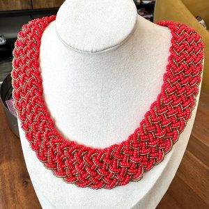 Artisan Braided Beaded Collar Necklace- Red & Gold